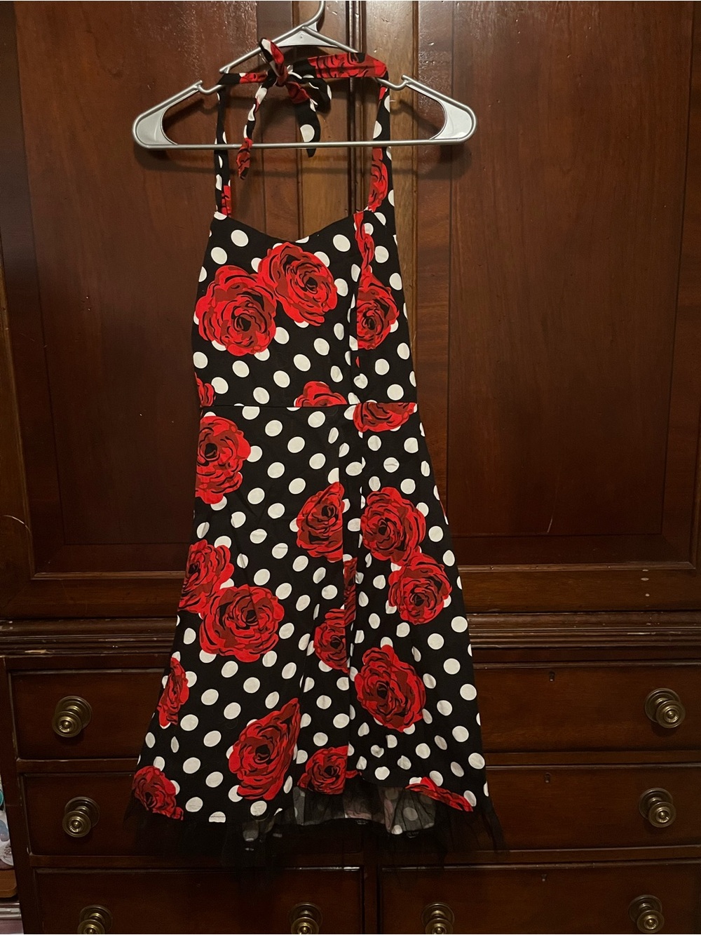 Black Halter Polka Dot Dress with Red Rose Print
